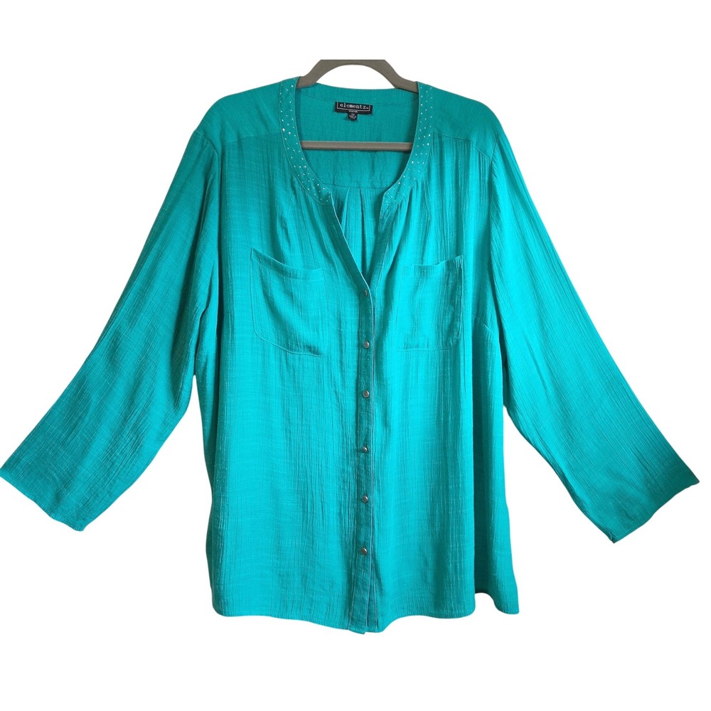 Elementz Chic Teal Rayon Gauze Studded Neck Button Up Blouse 3X  Blue Green